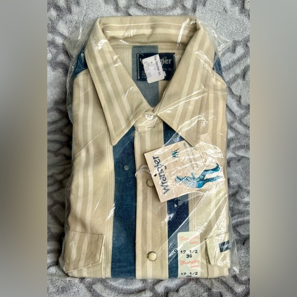 Vintage Wrangler Western Shirt – Beige & Blue Stripe – Size 17½ x 36 – NWT - Picture 4 of 4